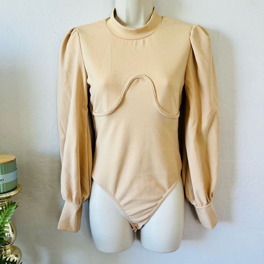 Pretty Little Thing nude bodysuit with puff sleeves, sexy bodycon fit, mock neck